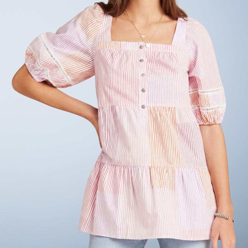 Anthropologie Maeve Gable Tiered Striped Square Neck Peplum Tunic Pink Medium